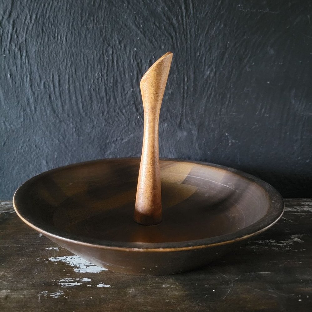 Vintage Mid Century Black Walnut Serving Bowl Nut Bowl, Wood Bowl with Handle